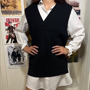 Black Long Sleeve Dress with Knit Vest